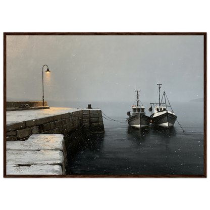 Two fishing boats at a snow-covered pier, print in a dark wood frame