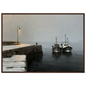 Two fishing boats at a snow-covered pier, print in a dark wood frame