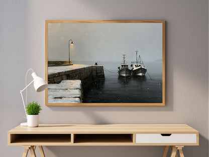 Winter harbour print in a wood frame above a wall-mounted desk in a light study