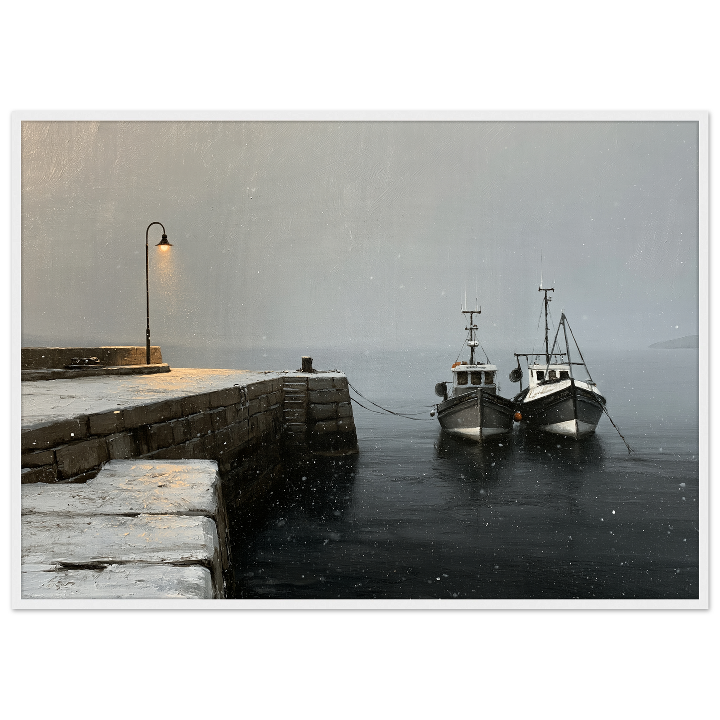 Two fishing boats at a snow-covered pier, print in a white frame