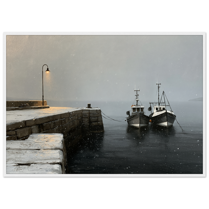 Two fishing boats at a snow-covered pier, print in a white frame