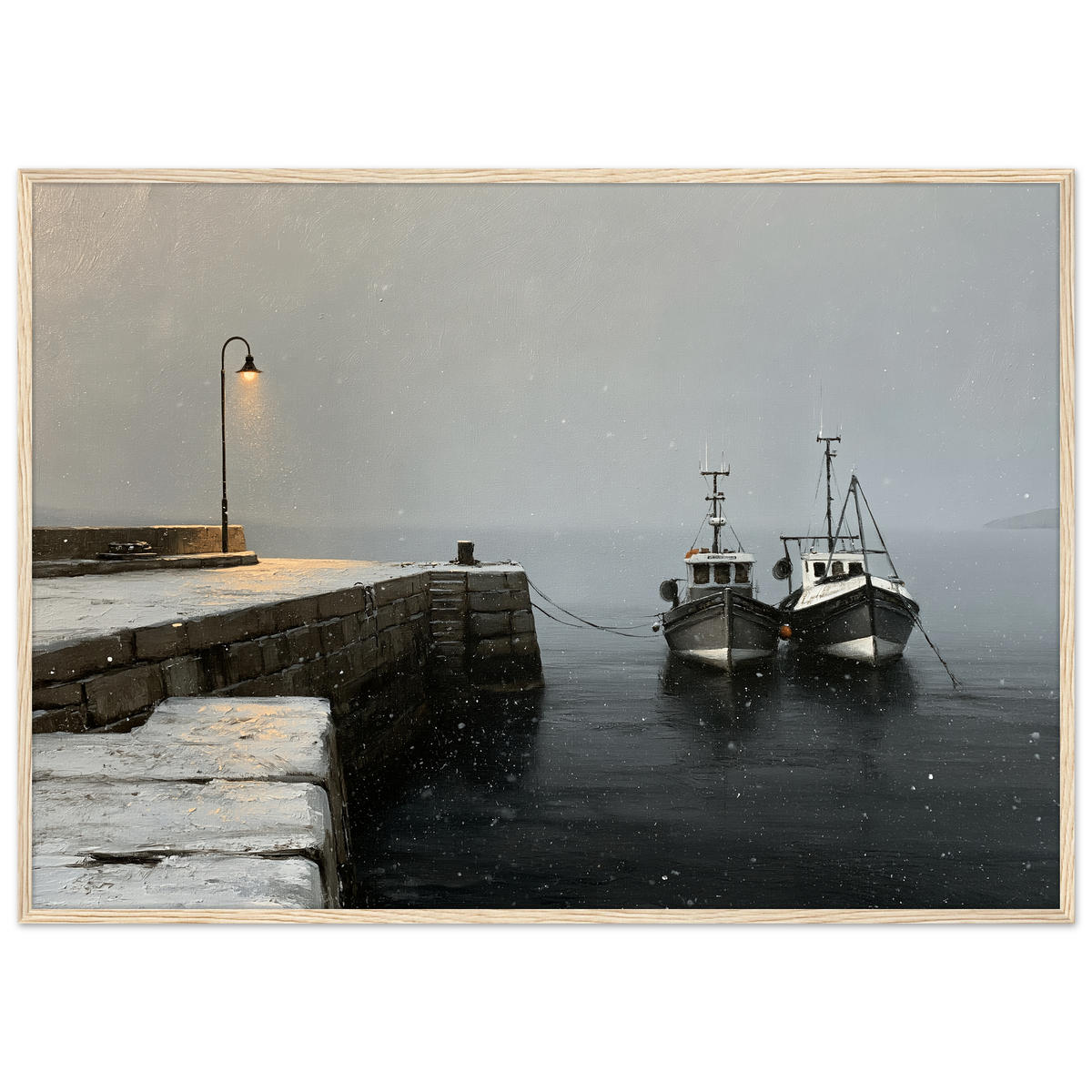 Two fishing boats at a snow-covered pier, print in a natural wood frame