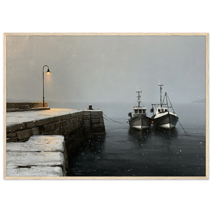 Two fishing boats at a snow-covered pier, print in a natural wood frame