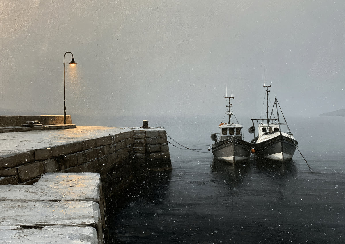 Two fishing boats moored against a snow-covered stone pier in falling snow