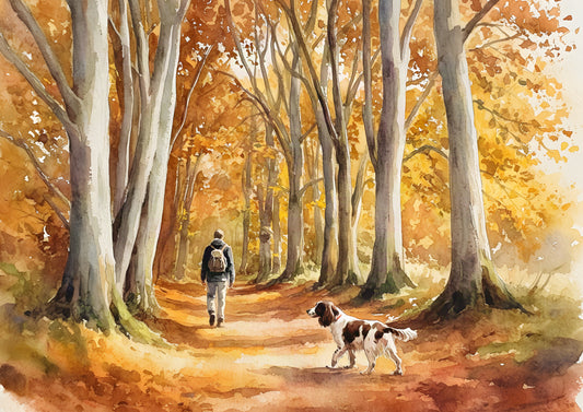 Watercolour of a walker with a rucksack and a liver-and-white Springer Spaniel on a sunlit path through an autumn beech wood, tall pale grey trunks beneath a copper, amber and gold canopy