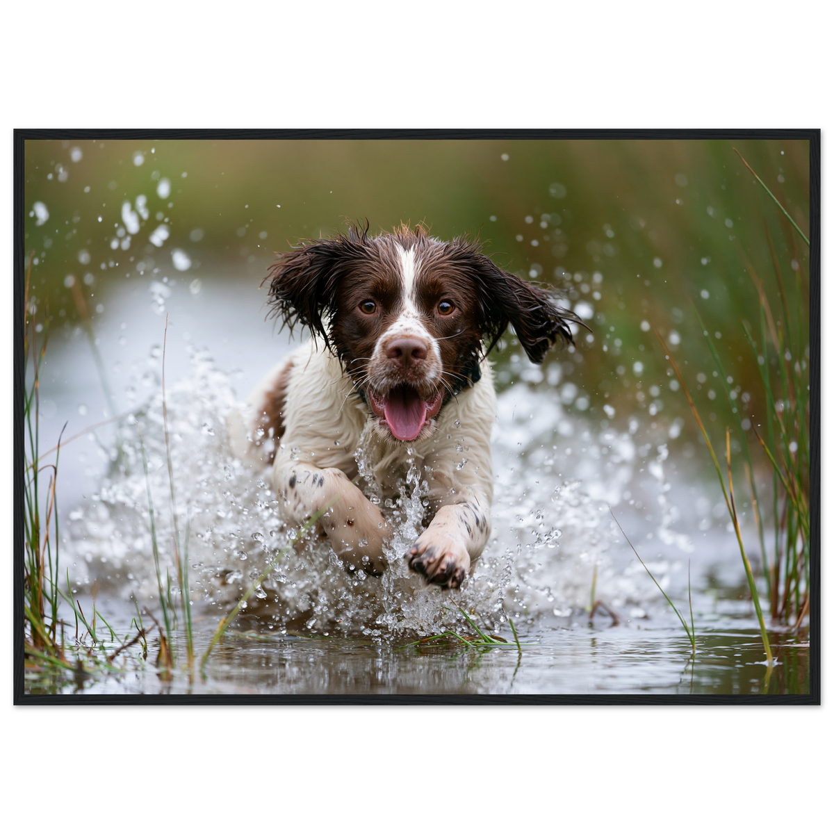 Springer spaniel running through shallow water, print in a black frame