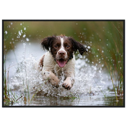 Springer spaniel running through shallow water, print in a black frame