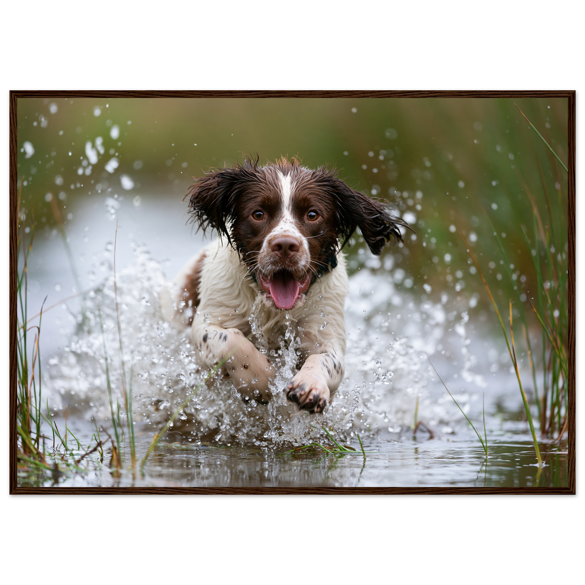 Springer spaniel running through shallow water, print in a dark wood frame