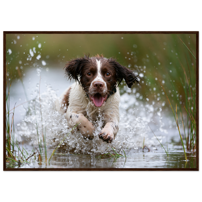 Springer spaniel running through shallow water, print in a dark wood frame