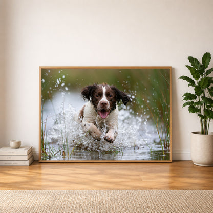 Springer spaniel running through shallow water, in a light wood frame leaning against the wall on a wooden floor beside a stack of books and a potted plant