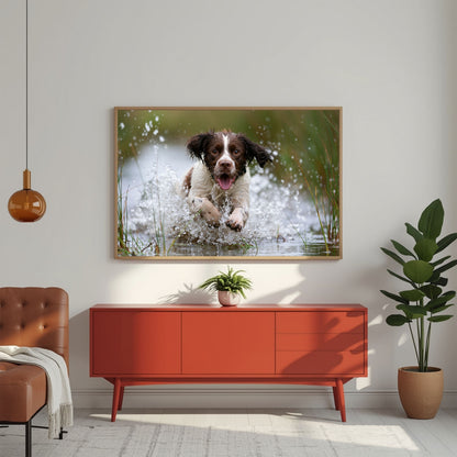 Springer spaniel running through shallow water, in a light wood frame above a red mid-century sideboard in a bright living room