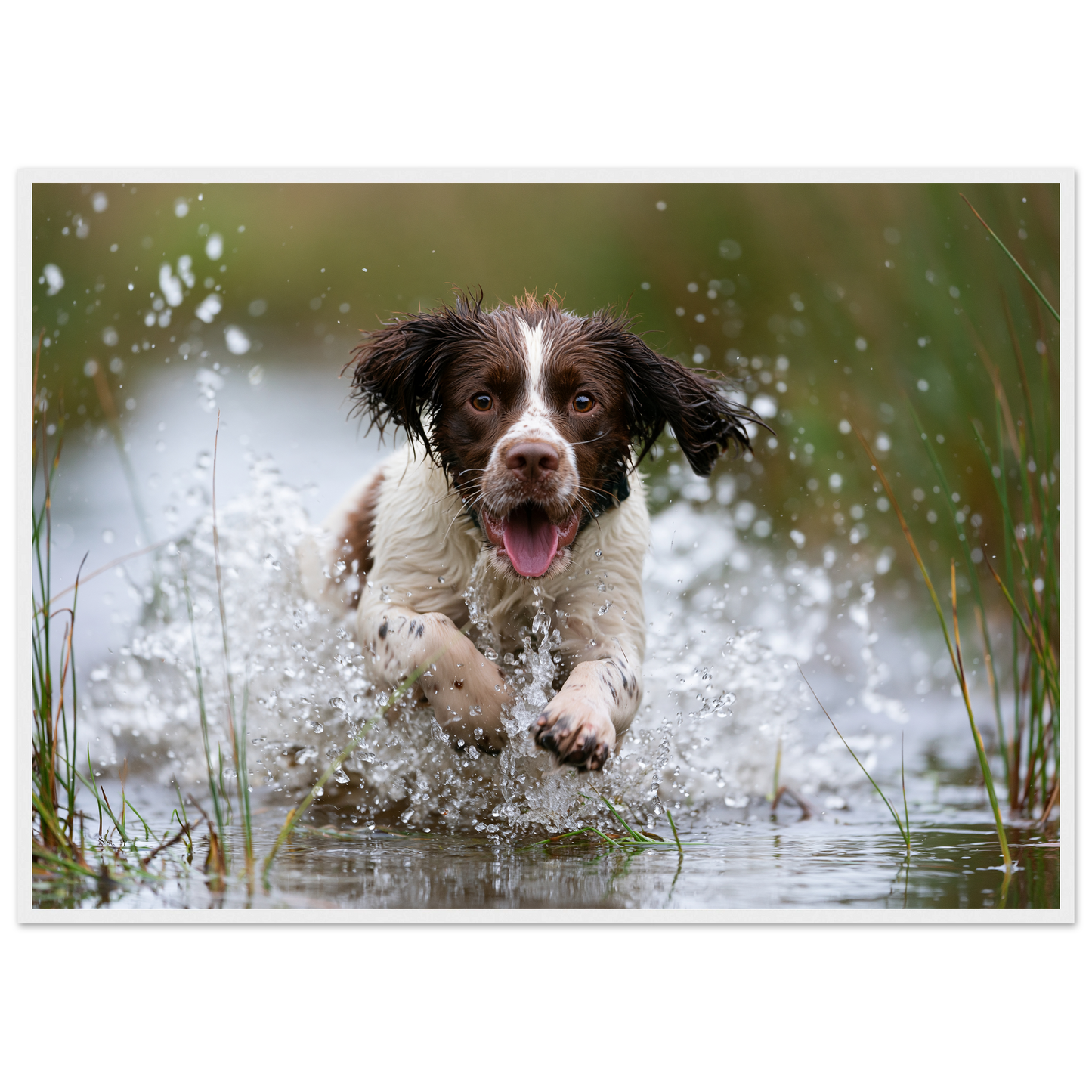 Springer spaniel running through shallow water, print in a white frame