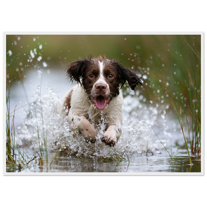Springer spaniel running through shallow water, print in a white frame