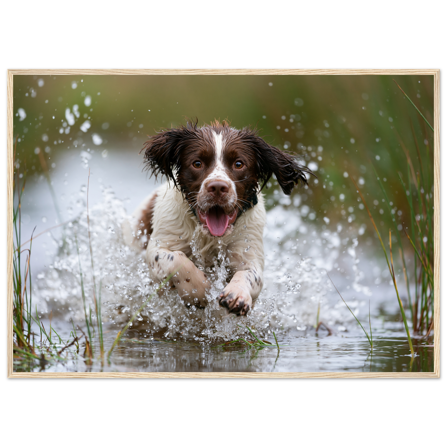 Springer spaniel running through shallow water, print in a natural wood frame