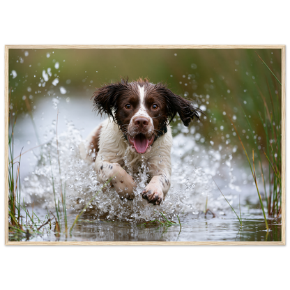 Springer spaniel running through shallow water, print in a natural wood frame