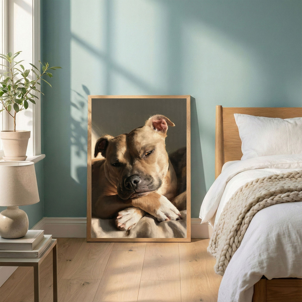 Staffordshire bull terrier at rest, in a natural wood frame leaning against a sage green bedroom wall beside a linen-dressed bed
