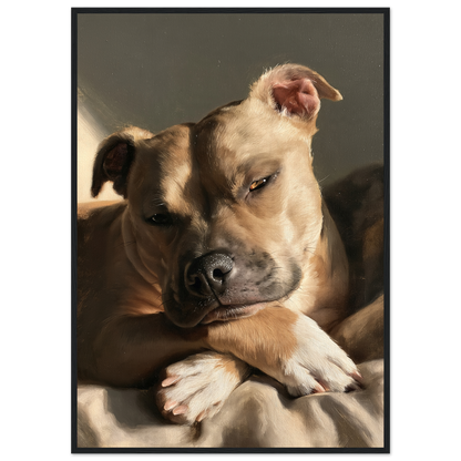 Staffordshire bull terrier at rest, print in a black frame