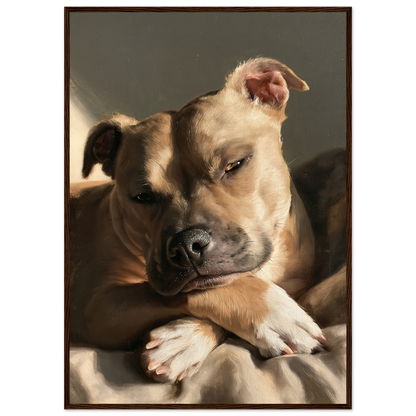 Staffordshire bull terrier at rest, print in a dark wood frame