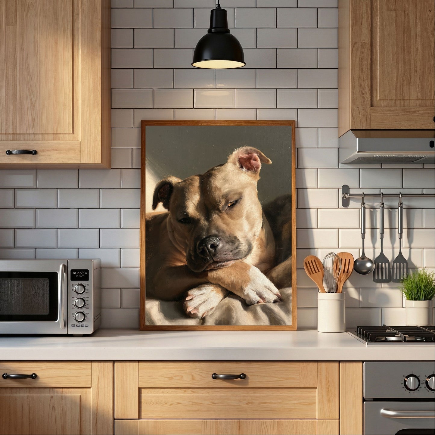 Staffordshire bull terrier at rest, in a light wood frame standing on the worktop of a white subway-tiled kitchen