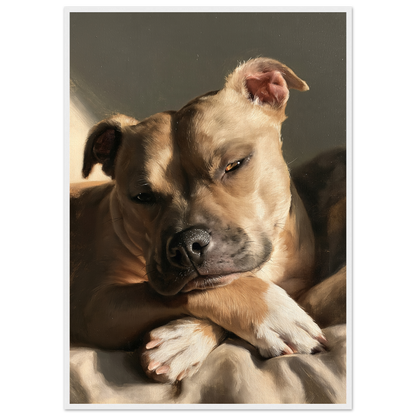 Staffordshire bull terrier at rest, print in a white frame