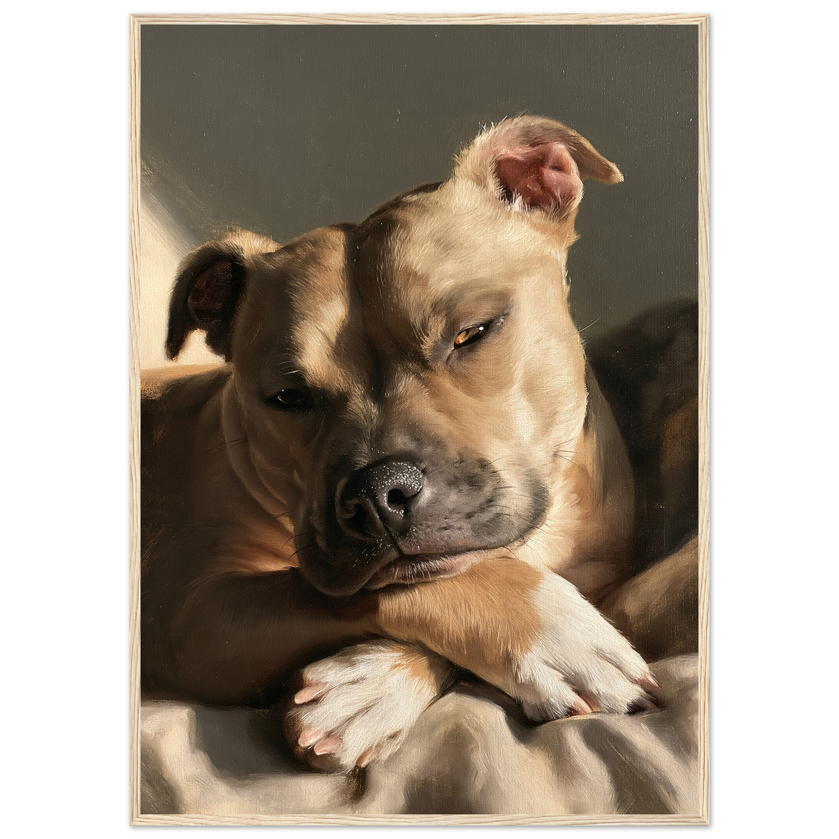 Staffordshire bull terrier at rest, print in a natural wood frame