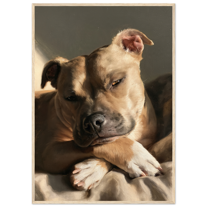Staffordshire bull terrier at rest, print in a natural wood frame