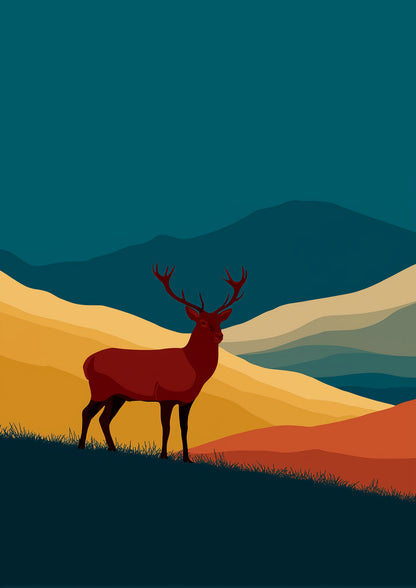 Red deer stag above a Highland glen in flat blocks of deep russet, gold and rust, with layered blue-green hills under a deep teal sky