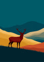Red deer stag above a Highland glen in flat blocks of deep russet, gold and rust, with layered blue-green hills under a deep teal sky