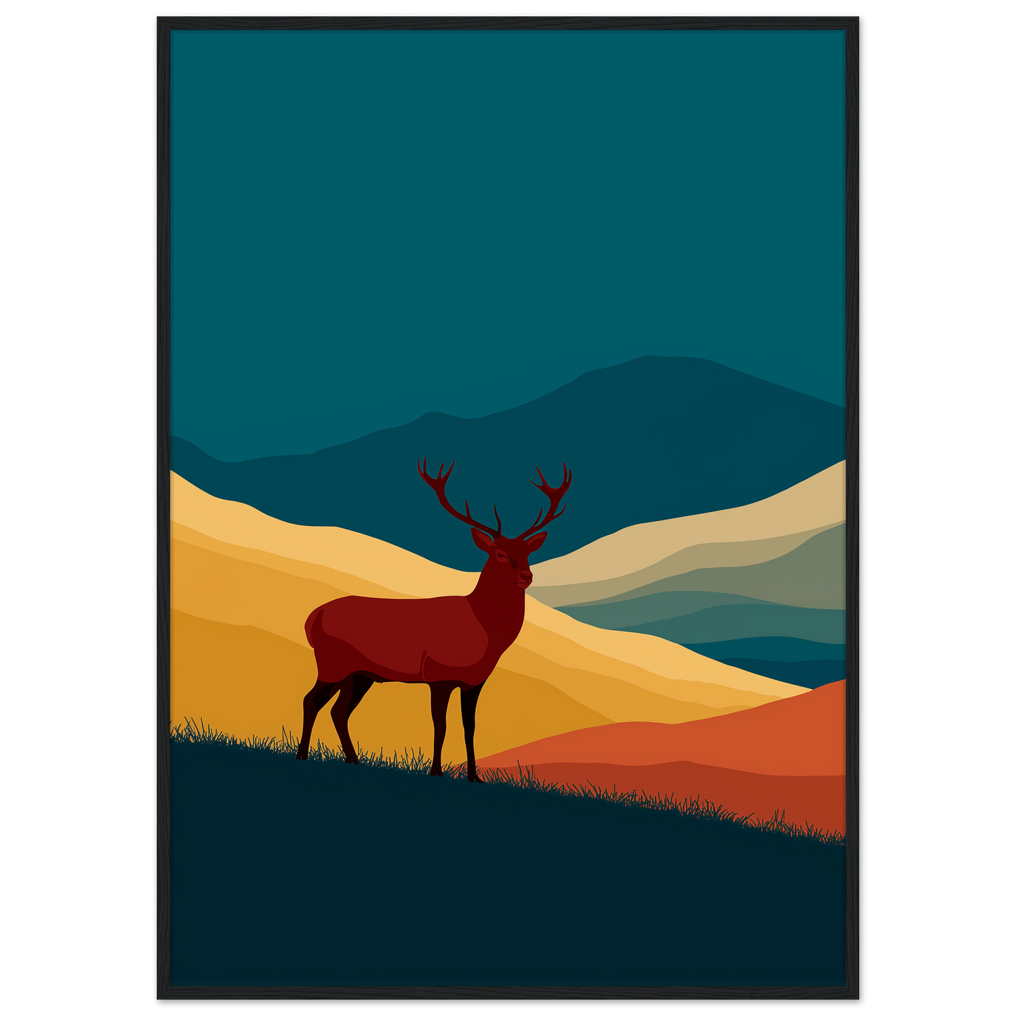 Teal and gold graphic stag above a Highland glen, print in a black frame