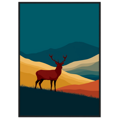Teal and gold graphic stag above a Highland glen, print in a black frame