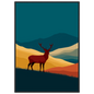 Teal and gold graphic stag above a Highland glen, print in a black frame