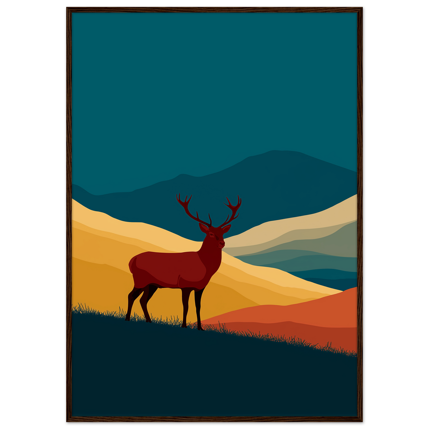 Teal and gold graphic stag above a Highland glen, print in a dark brown wood frame