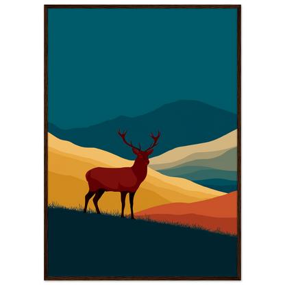 Teal and gold graphic stag above a Highland glen, print in a dark brown wood frame