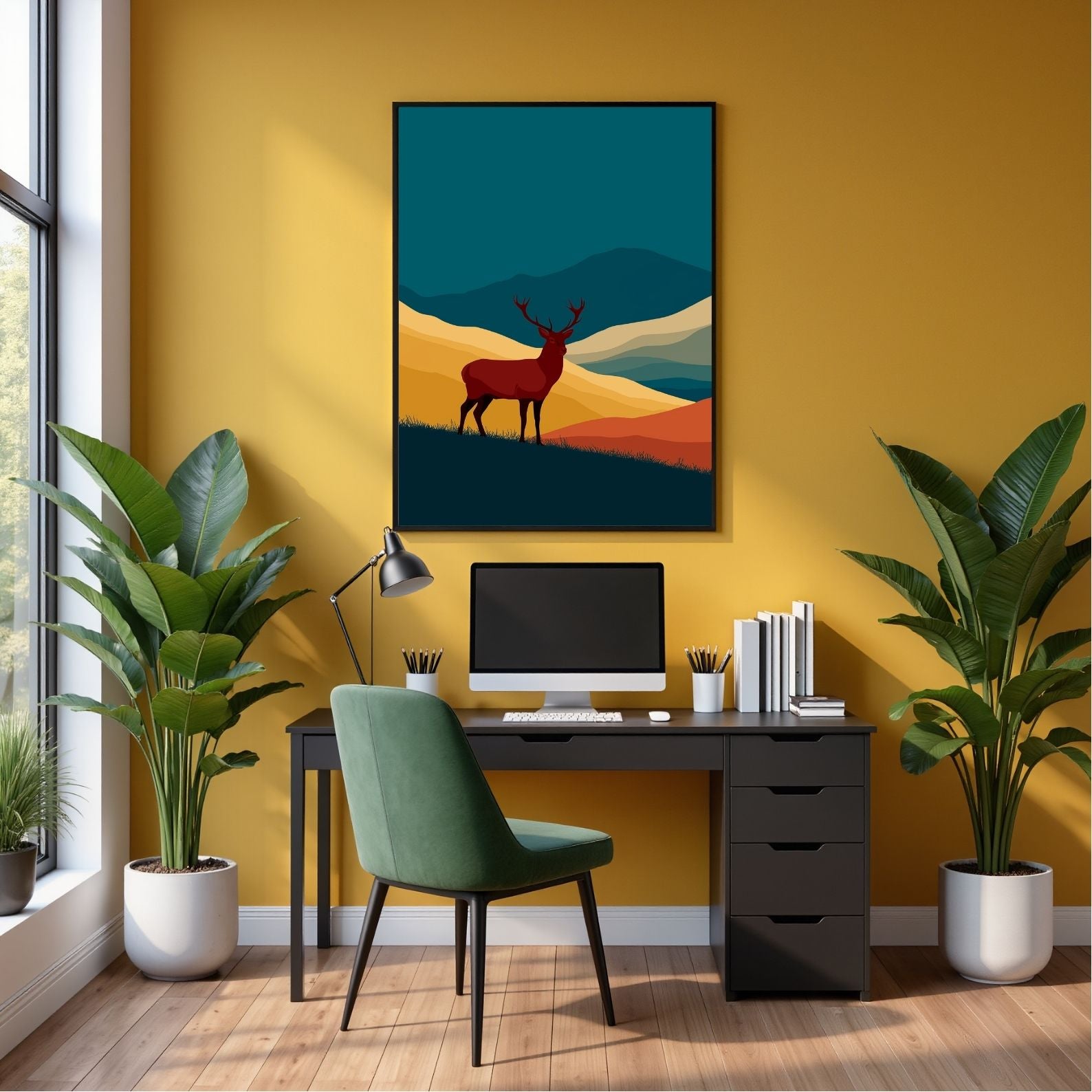 Teal and gold graphic stag above a Highland glen, in a black frame above a desk against a mustard wall in a home office