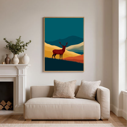 Teal and gold graphic stag above a Highland glen, framed in light wood above a cream sofa beside a white fireplace