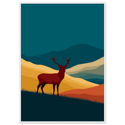 Teal and gold graphic stag above a Highland glen, print in a white frame