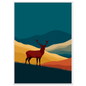 Teal and gold graphic stag above a Highland glen, print in a white frame