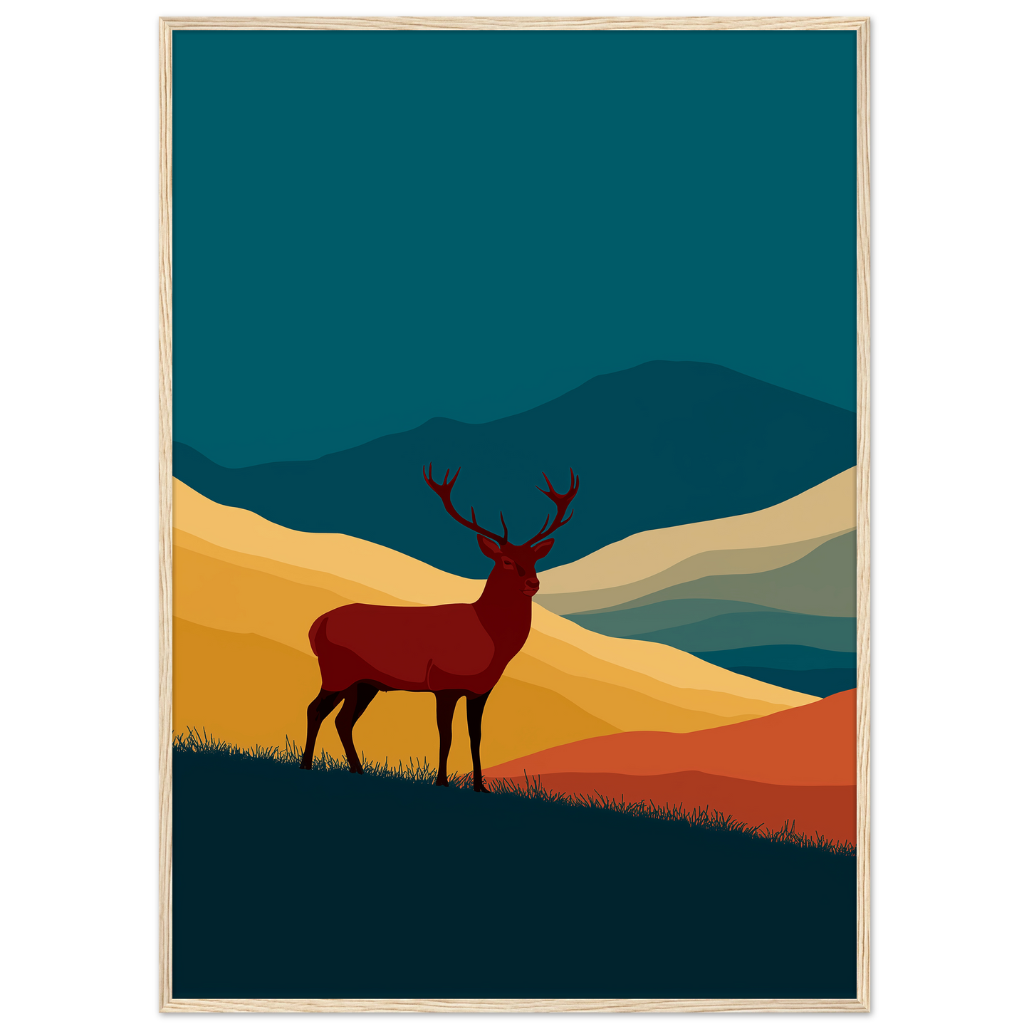Teal and gold graphic stag above a Highland glen, print in a natural light wood frame