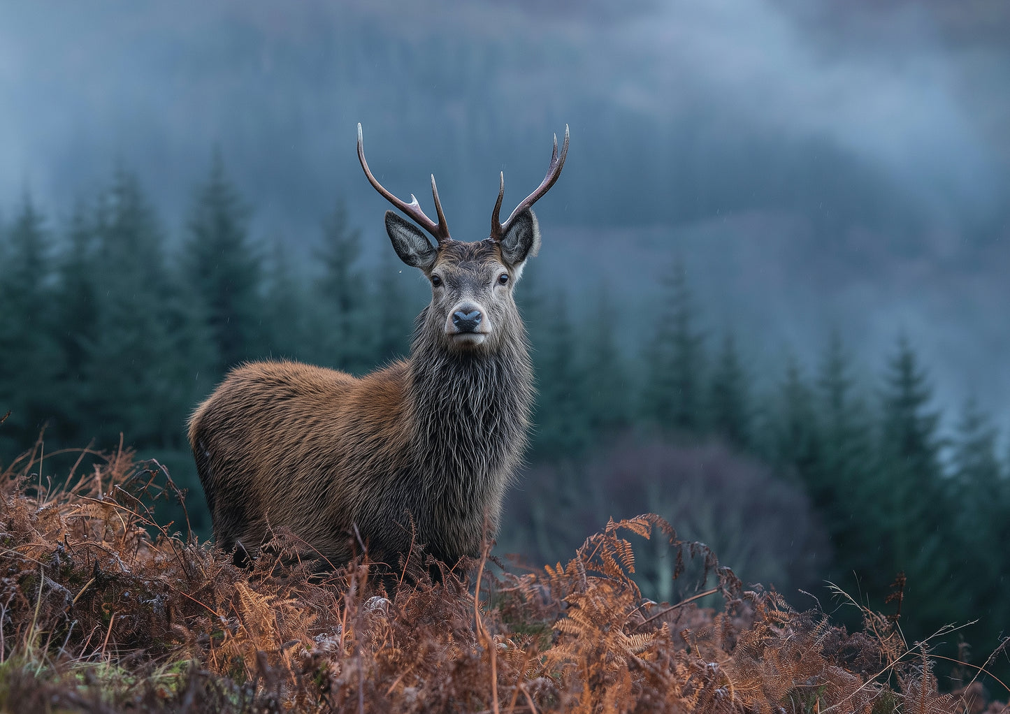 Red deer stag standing in rust-orange bracken at the edge of a Highland spruce plantation, mist lying in the glen behind