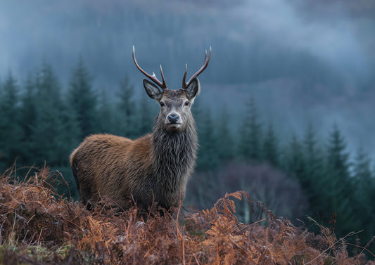 Red deer stag standing in rust-orange bracken at the edge of a Highland spruce plantation, mist lying in the glen behind
