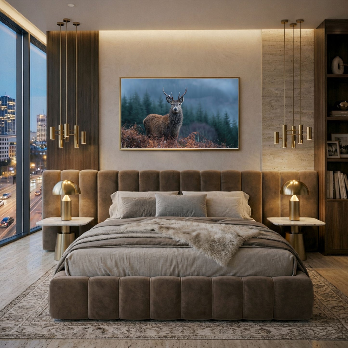 Red deer stag at a misty Highland forest edge, in a gold frame above an upholstered bed in a warm modern bedroom