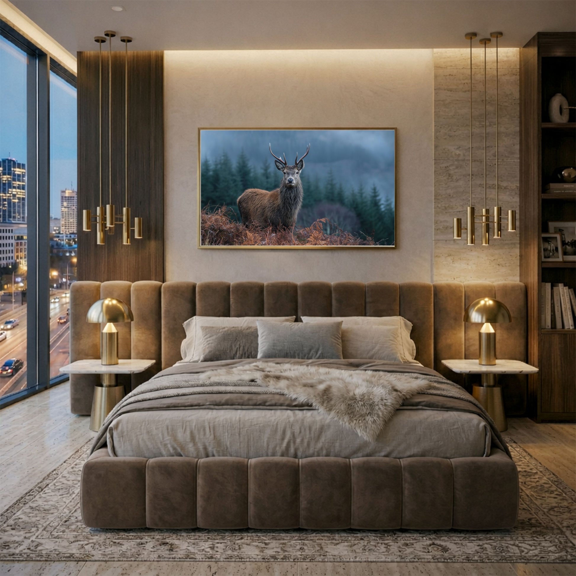 Red deer stag at a misty Highland forest edge, in a gold frame above an upholstered bed in a warm modern bedroom