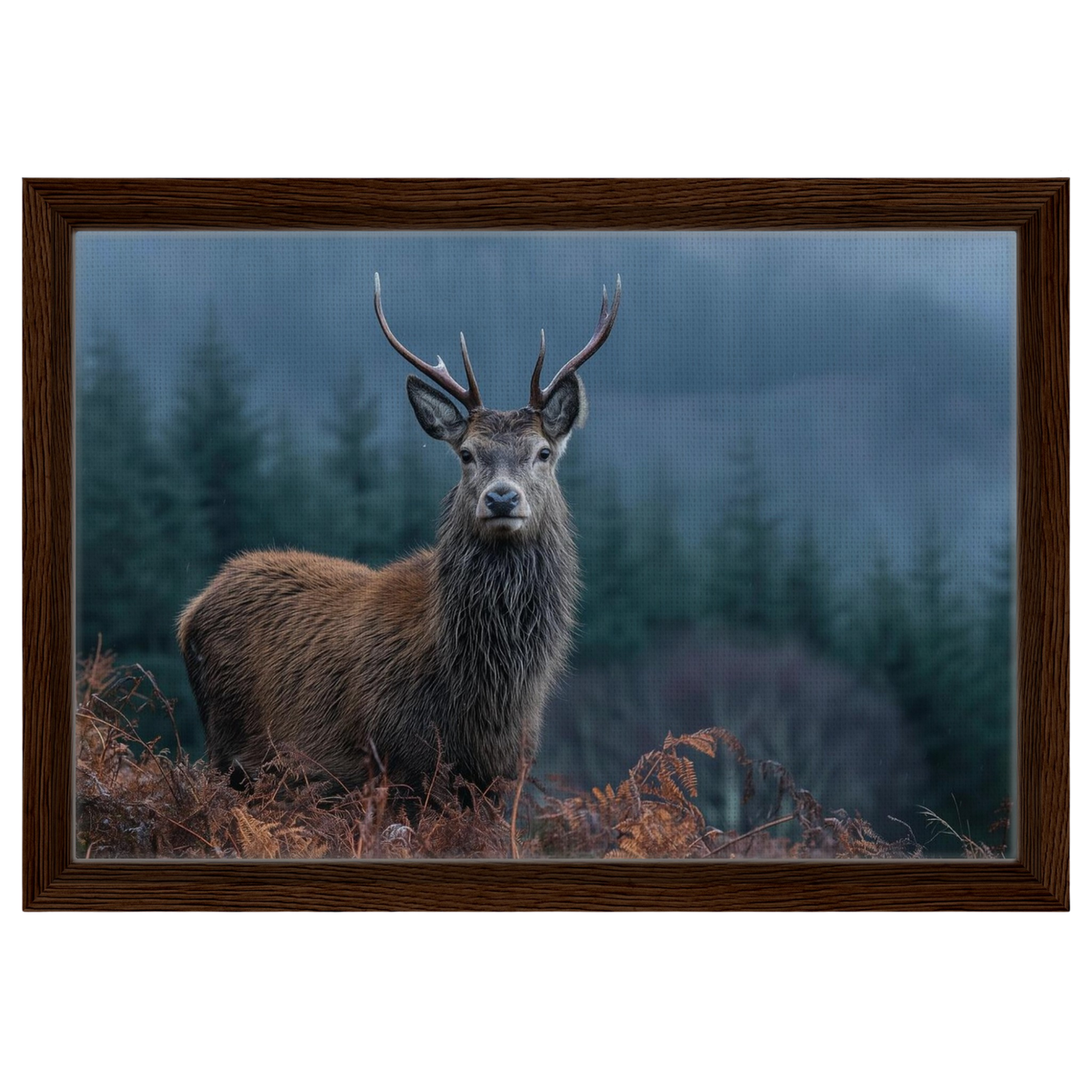 Stag at the forest edge, canvas in a dark wood frame