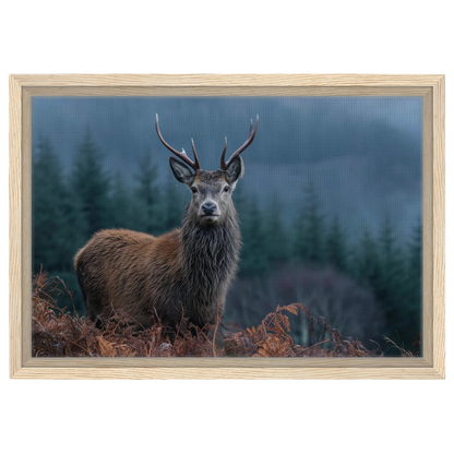 Stag at the forest edge, canvas in a natural wood frame