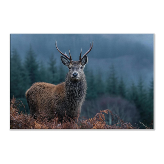 A red deer stag in rust-orange bracken at the edge of a misted Highland spruce plantation, printed on stretched canvas