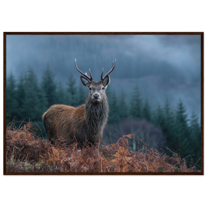 Red deer stag at a misty Highland forest edge, print in a dark brown wood frame