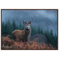 Red deer stag at a misty Highland forest edge, print in a dark brown wood frame