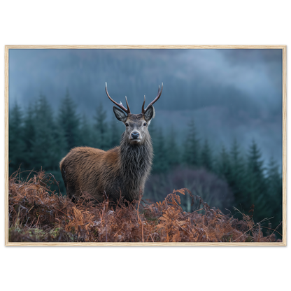 Red deer stag at a misty Highland forest edge, print in a natural light wood frame