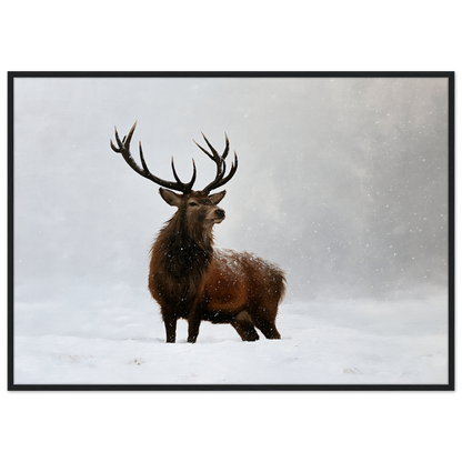 A red deer stag standing in heavy falling snow, print in a black frame