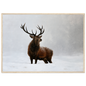 A red deer stag standing in heavy falling snow, print in a natural wood frame